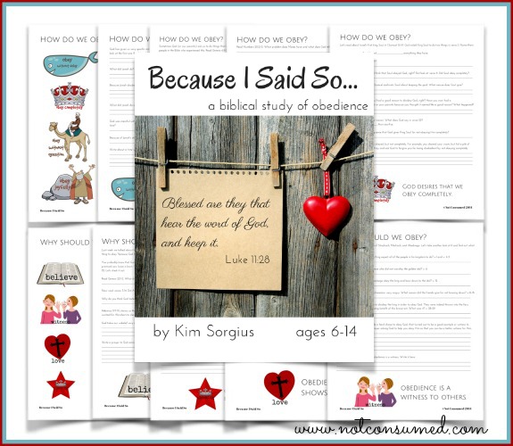 Because I Said So... A Biblical Study of Obedience from Kim at Not Consumed. For kids grades 3-6, plus a junior version available for ages 4-7.